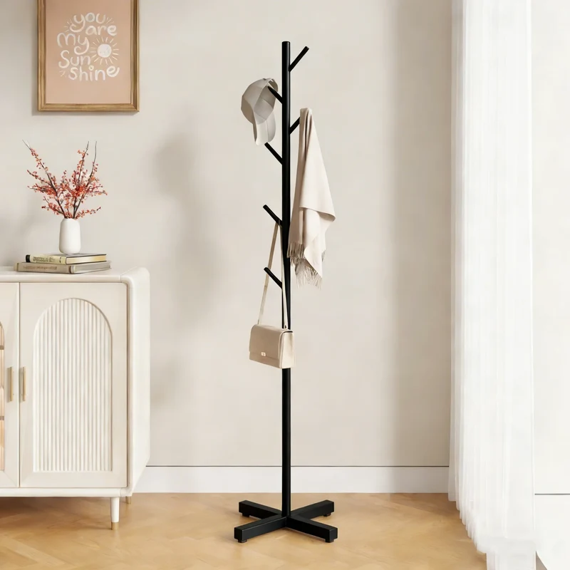 Staande Kapstok Metaal Zwart 167cm 8 Haken Slaapkamer Hal Vloerstaand Kledingrek Antislip Jassen Ophangsysteem Garderobe Standaard | Sansoti