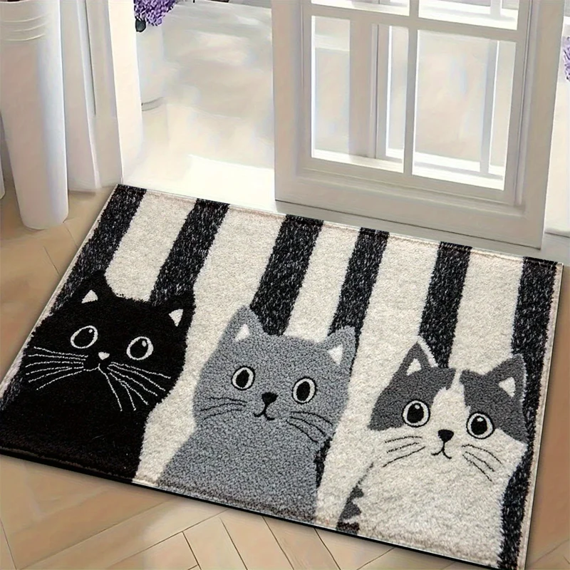 Deurmat Cartoon Katten PVC Zwart Wit Gestreept 60x90cm Antislip Waterdicht Vloermat Slaapkamer Woonkamer Hal Buitendeurmat | Sansoti