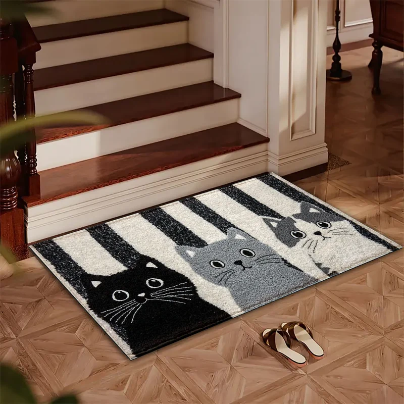 Deurmat Cartoon Katten PVC Zwart Wit Gestreept 60x90cm Antislip Waterdicht Vloermat Slaapkamer Woonkamer Hal Buitendeurmat | Sansoti