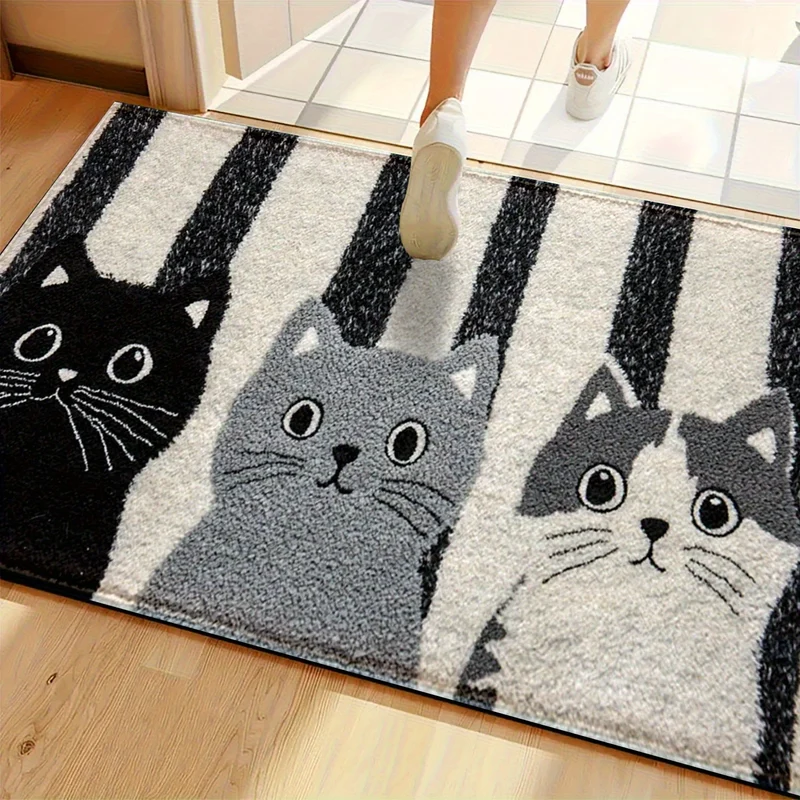 Deurmat Cartoon Katten PVC Zwart Wit Gestreept 60x90cm Antislip Waterdicht Vloermat Slaapkamer Woonkamer Hal Buitendeurmat | Sansoti