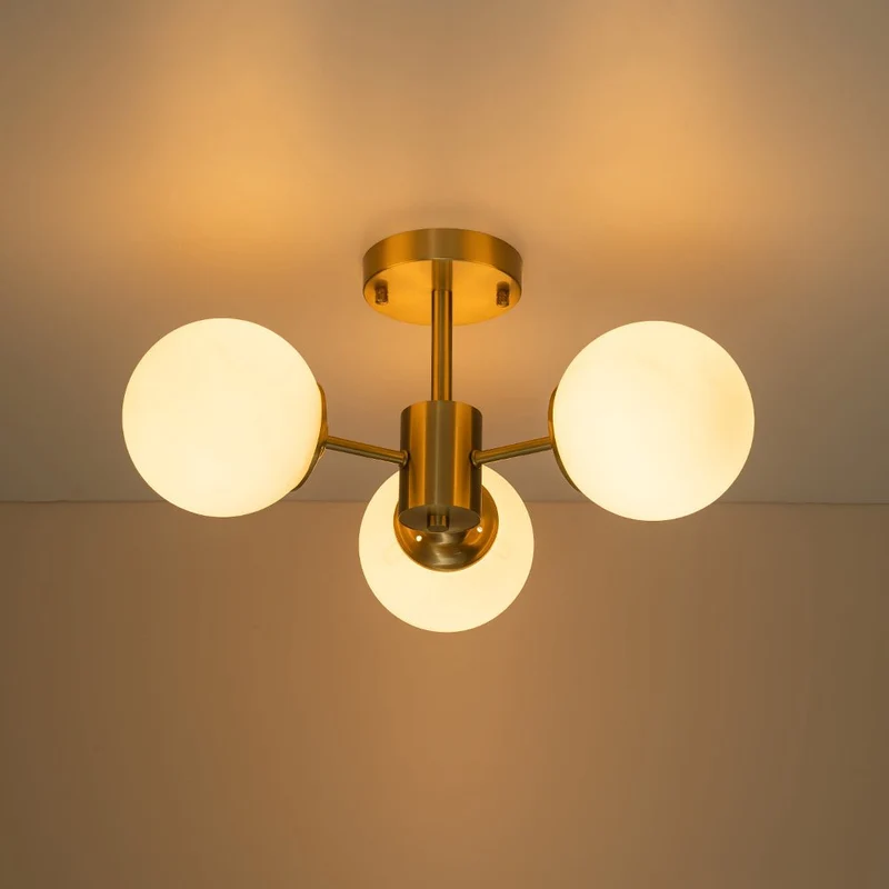 Sputnik Plafondlamp 3 Lichts Messing Opaal Glas 48cm E26 Woonkamer Slaapkamer Eetkamer Entree Mid-Century Bubble Flush Mount Badkamer | Sansoti