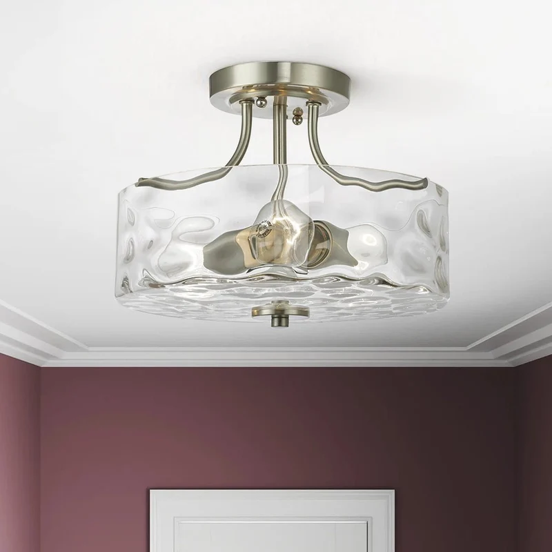 Glazen Plafondlamp Drum Nikkel 30cm 2 Lichts Gehamerd Glas Badkamer Entree Keuken Slaapkamer Semi Flush Mount Hal Woonkamer | Sansoti