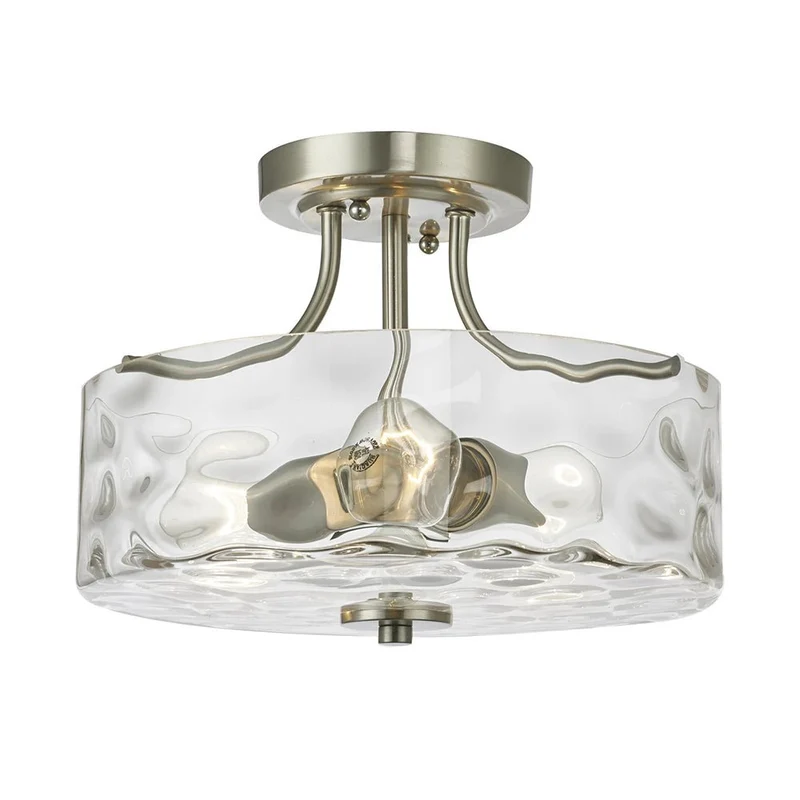 Glazen Plafondlamp Drum Nikkel 30cm 2 Lichts Gehamerd Glas Badkamer Entree Keuken Slaapkamer Semi Flush Mount Hal Woonkamer | Sansoti