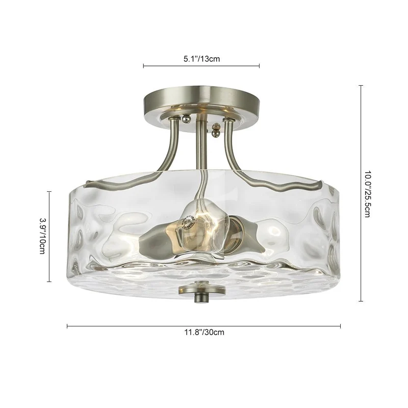 Glazen Plafondlamp Drum Nikkel 30cm 2 Lichts Gehamerd Glas Badkamer Entree Keuken Slaapkamer Semi Flush Mount Hal Woonkamer | Sansoti