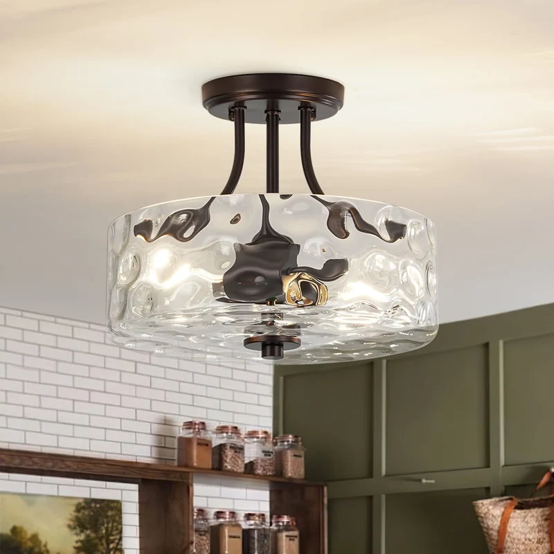 Glazen Plafondlamp Drum Messing 30cm 2 Lichts Gehamerd Glas Woonkamer Eetkamer Semi Flush Mount Badkamer Entree Hal Slaapkamer | Sansoti
