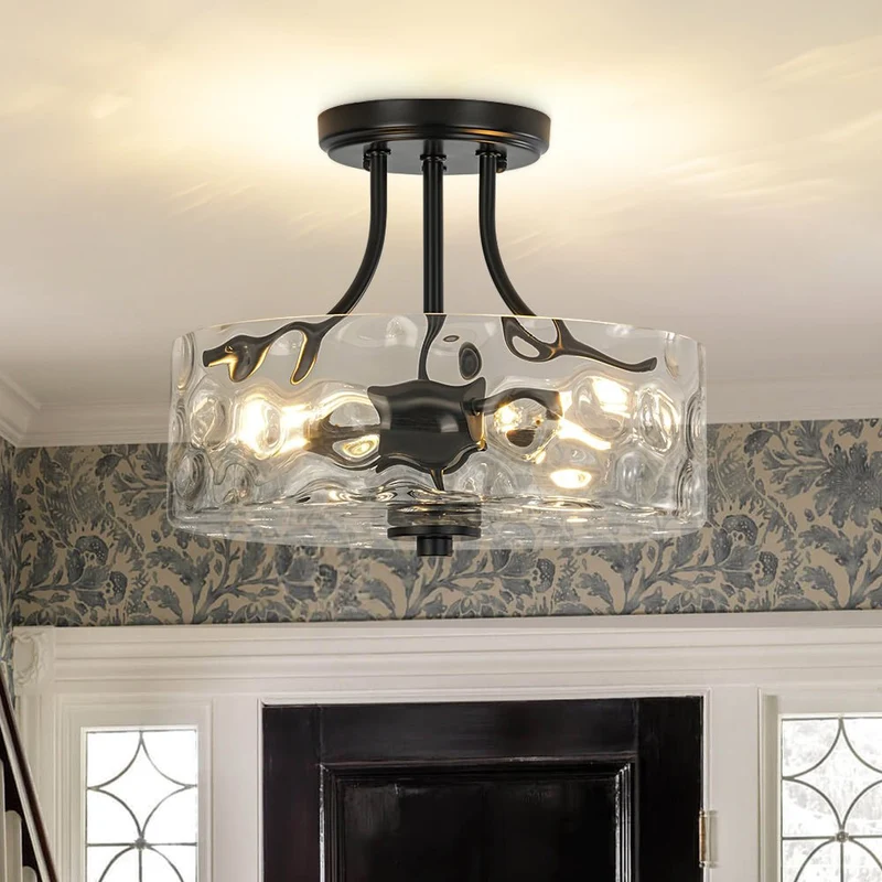 Glazen Plafondlamp Drum Messing 30cm 2 Lichts Gehamerd Glas Woonkamer Eetkamer Semi Flush Mount Badkamer Entree Hal Slaapkamer | Sansoti
