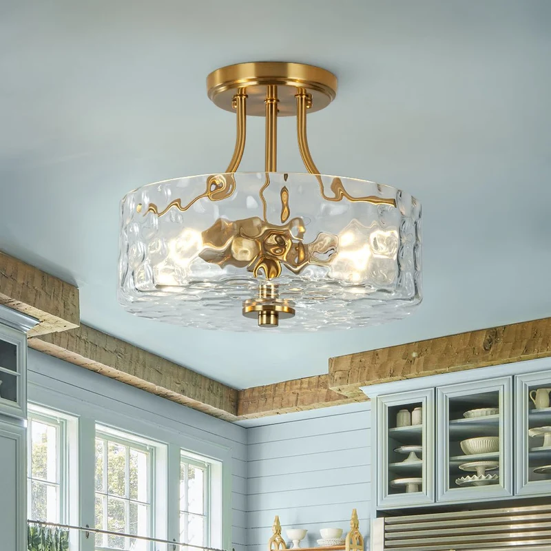 Glazen Plafondlamp Drum Messing 30cm 2 Lichts Gehamerd Glas Woonkamer Eetkamer Semi Flush Mount Badkamer Entree Hal Slaapkamer | Sansoti
