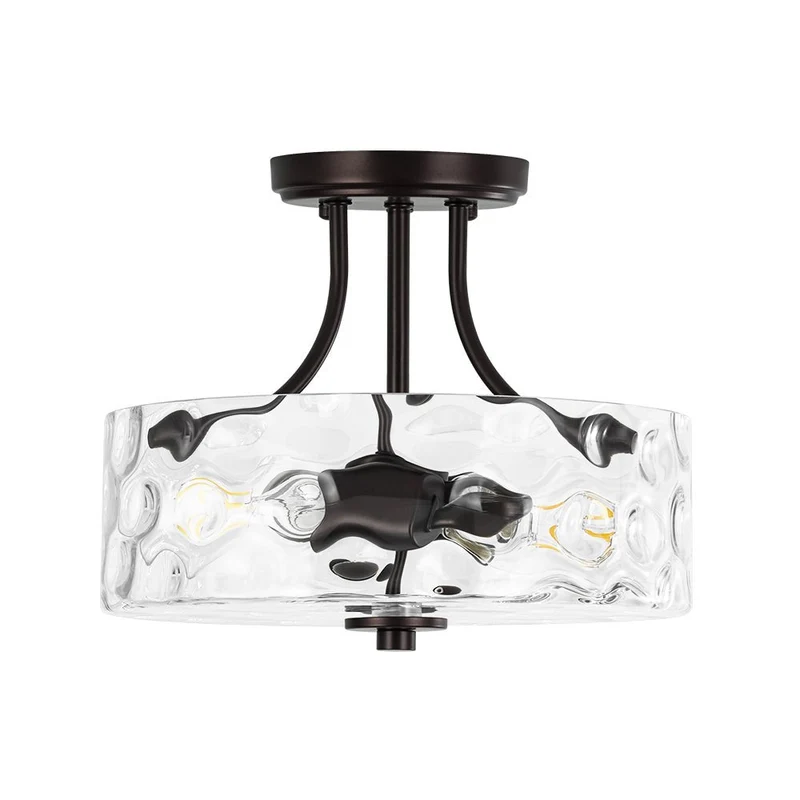 Glazen Plafondlamp Drum Messing 30cm 2 Lichts Gehamerd Glas Woonkamer Eetkamer Semi Flush Mount Badkamer Entree Hal Slaapkamer | Sansoti
