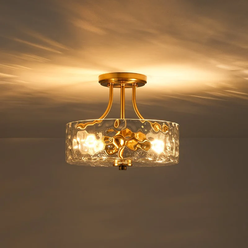 Glazen Plafondlamp Drum Messing 30cm 2 Lichts Gehamerd Glas Woonkamer Eetkamer Semi Flush Mount Badkamer Entree Hal Slaapkamer | Sansoti