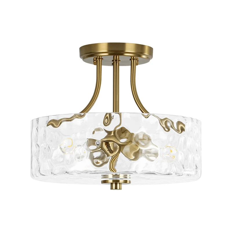 Glazen Plafondlamp Drum Messing 30cm 2 Lichts Gehamerd Glas Woonkamer Eetkamer Semi Flush Mount Badkamer Entree Hal Slaapkamer | Sansoti