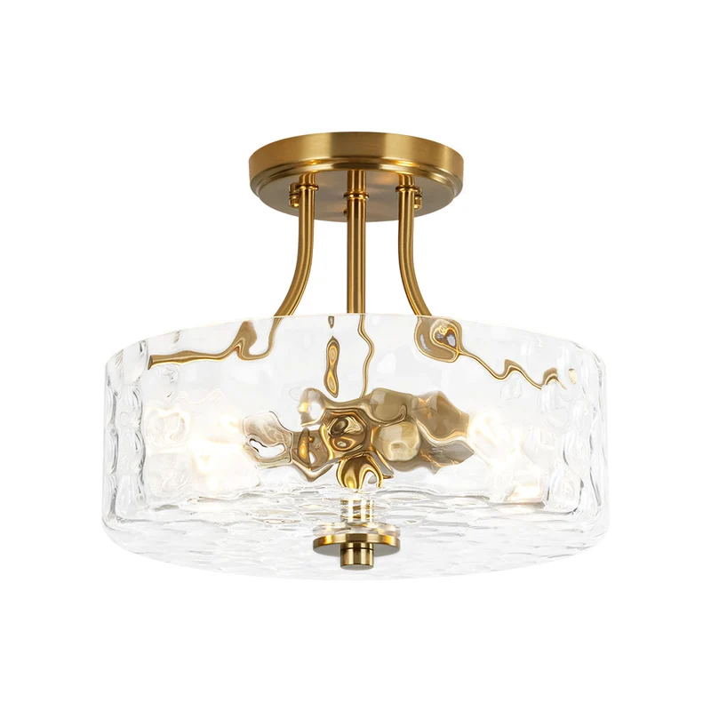 Glazen Plafondlamp Drum Messing 30cm 2 Lichts Gehamerd Glas Woonkamer Eetkamer Semi Flush Mount Badkamer Entree Hal Slaapkamer | Sansoti