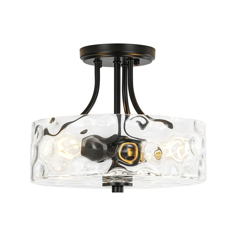 Glazen Plafondlamp Drum Messing 30cm 2 Lichts Gehamerd Glas Woonkamer Eetkamer Semi Flush Mount Badkamer Entree Hal Slaapkamer | Sansoti
