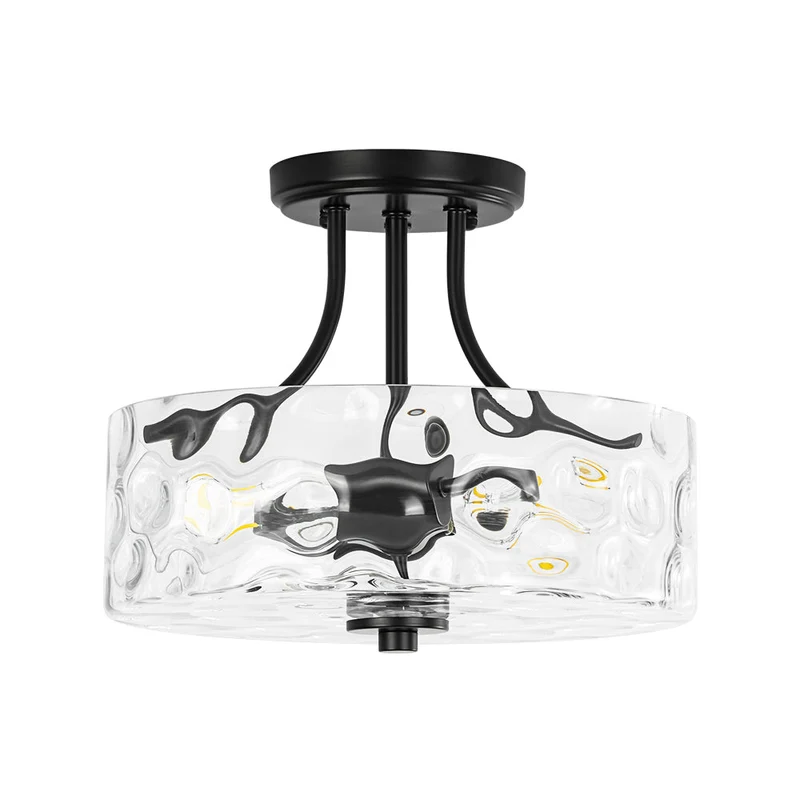Glazen Plafondlamp Drum Messing 30cm 2 Lichts Gehamerd Glas Woonkamer Eetkamer Semi Flush Mount Badkamer Entree Hal Slaapkamer | Sansoti