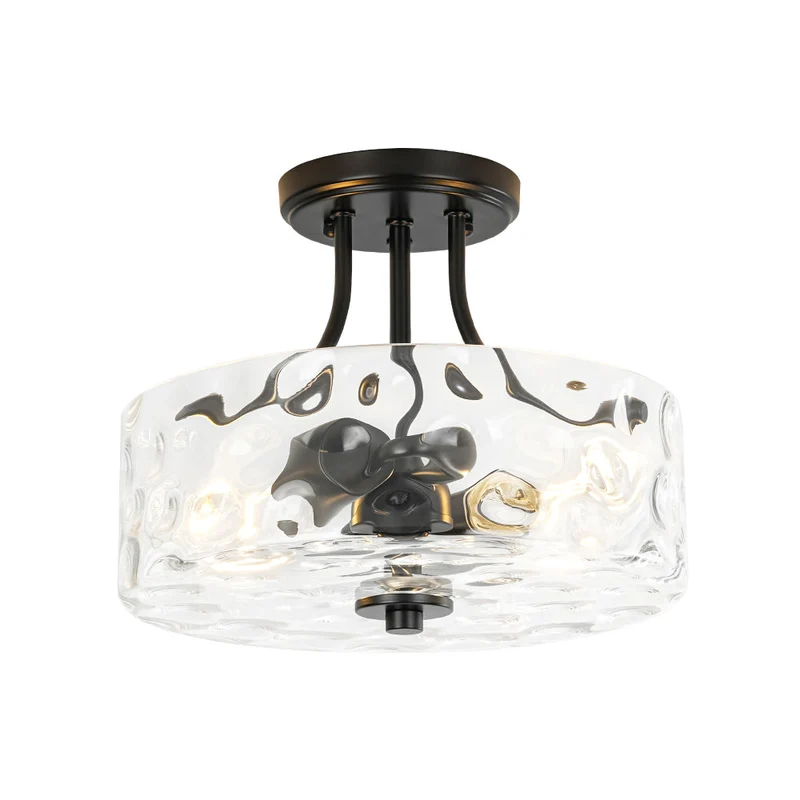 Glazen Plafondlamp Drum Messing 30cm 2 Lichts Gehamerd Glas Woonkamer Eetkamer Semi Flush Mount Badkamer Entree Hal Slaapkamer | Sansoti