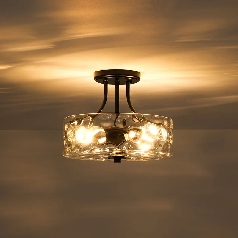 Glazen Plafondlamp Drum Messing 30cm 2 Lichts Gehamerd Glas Woonkamer Eetkamer Semi Flush Mount Badkamer Entree Hal Slaapkamer | Sansoti