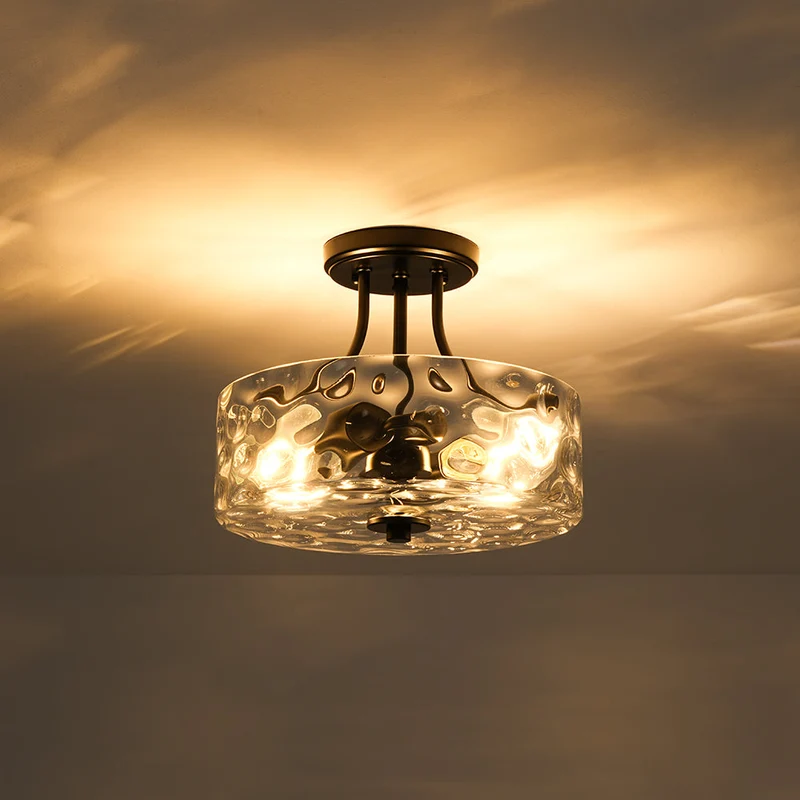 Glazen Plafondlamp Drum Messing 30cm 2 Lichts Gehamerd Glas Woonkamer Eetkamer Semi Flush Mount Badkamer Entree Hal Slaapkamer | Sansoti