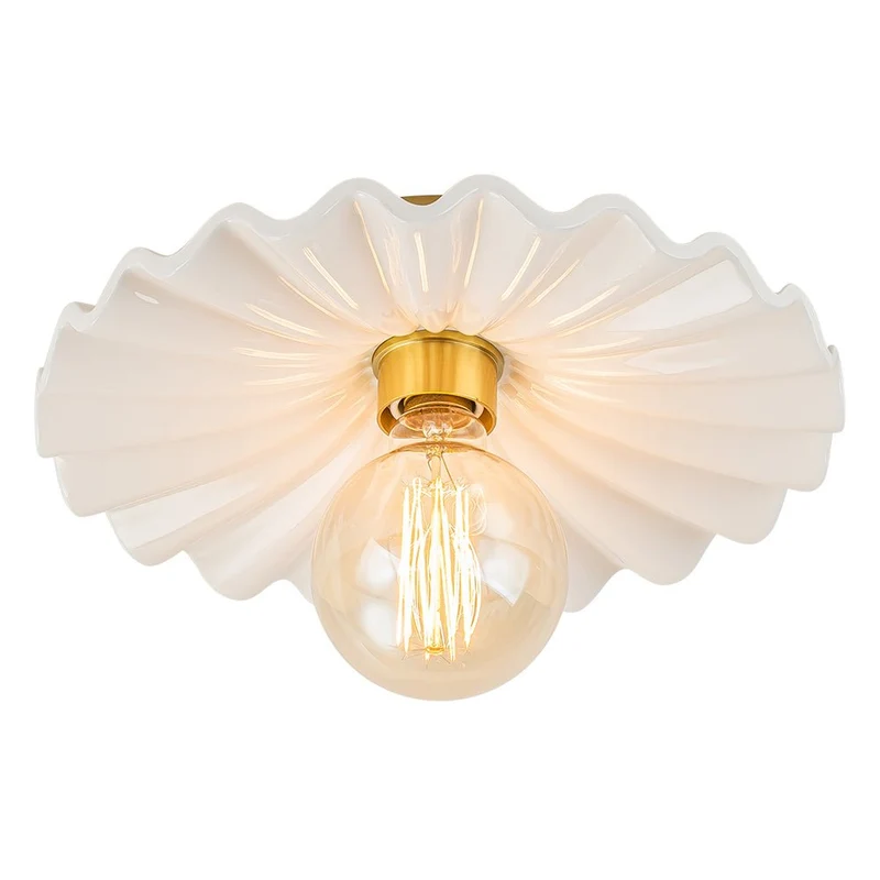 Keramieke Plafondlamp Messing Creme 30cm Semi Flush Mount Eetkamer Slaapkamer Retro Mid-Century Geplooid Badkamer Entree Woonkamer | Sansoti