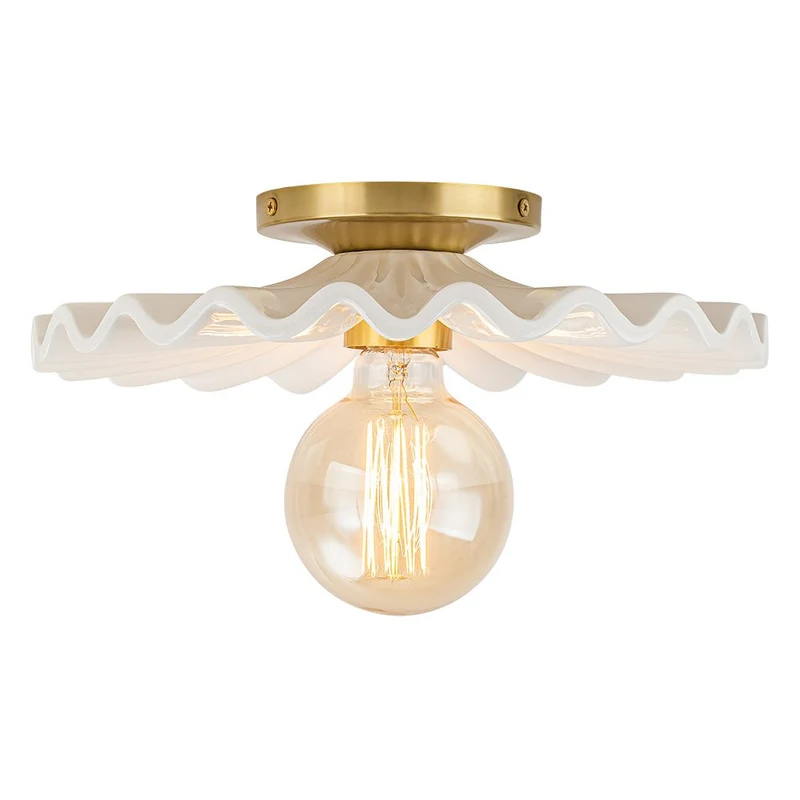 Keramieke Plafondlamp Messing Creme 30cm Semi Flush Mount Eetkamer Slaapkamer Retro Mid-Century Geplooid Badkamer Entree Woonkamer | Sansoti