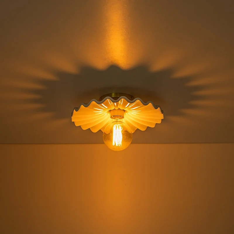 Keramieke Plafondlamp Messing Creme 30cm Semi Flush Mount Eetkamer Slaapkamer Retro Mid-Century Geplooid Badkamer Entree Woonkamer | Sansoti