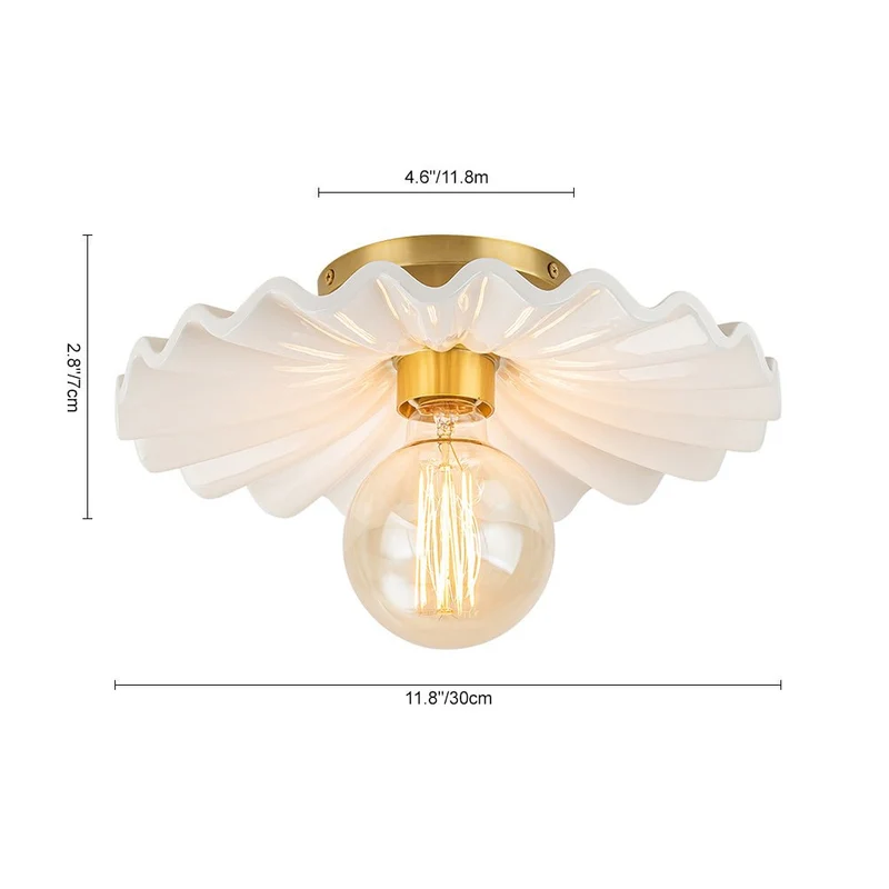 Keramieke Plafondlamp Messing Creme 30cm Semi Flush Mount Eetkamer Slaapkamer Retro Mid-Century Geplooid Badkamer Entree Woonkamer | Sansoti