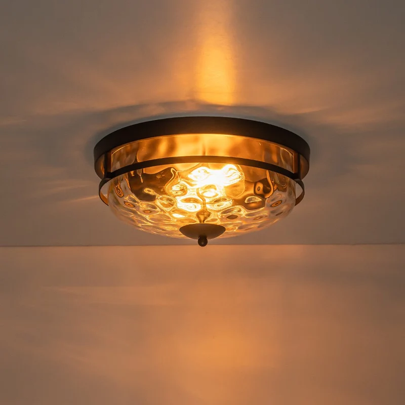 Glazen Plafondlamp Rond Zwart Goud Gehamerd Glas 33cm Woonkamer Slaapkamer Flush Mount Farmhouse Entree Eetkamer Badkamer | Sansoti