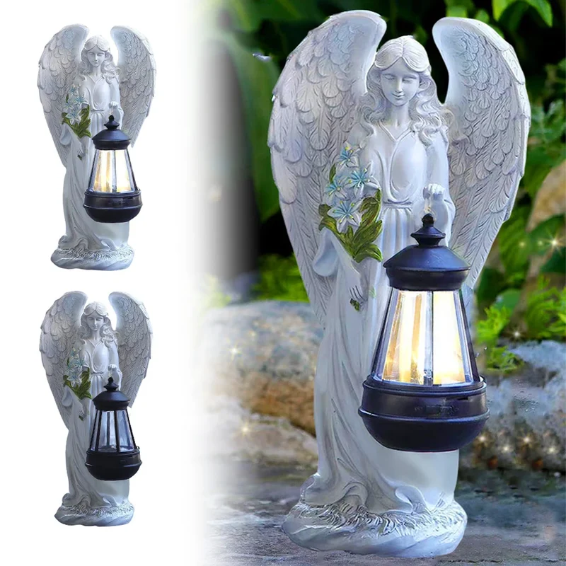 Engel Tuinbeeldje Zonne-energie LED Lantaarn 31cm Hars Automatisch Buiten Tuin Terras Patio Sfeerlamp Waterdicht Wit | Sansoti