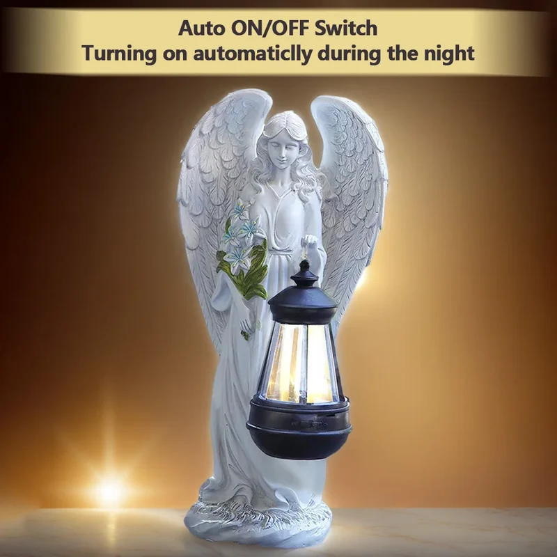 Engel Tuinbeeldje Zonne-energie LED Lantaarn 31cm Hars Automatisch Buiten Tuin Terras Patio Sfeerlamp Waterdicht Wit | Sansoti