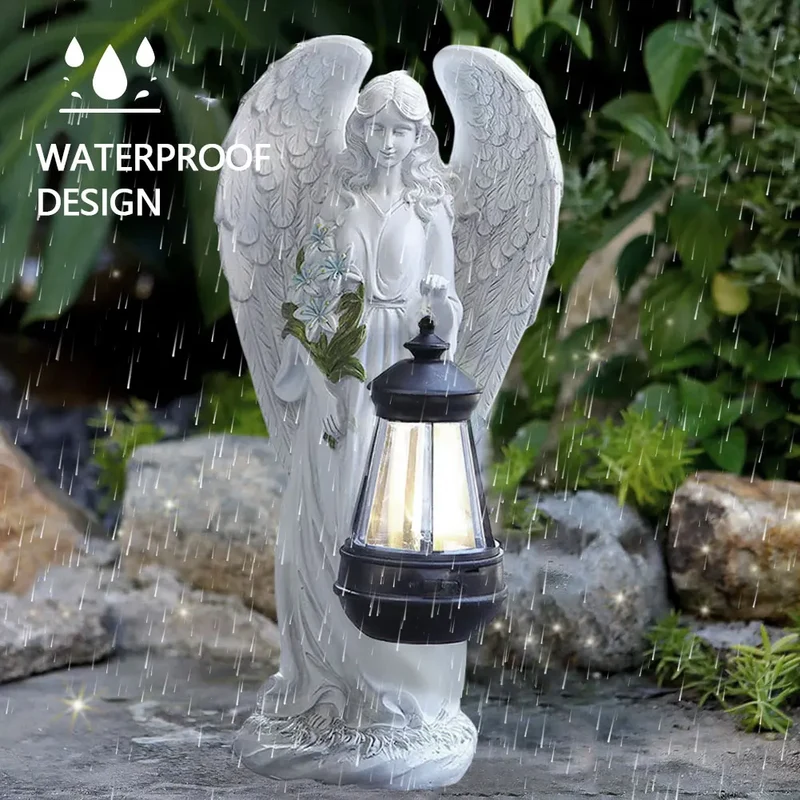 Engel Tuinbeeldje Zonne-energie LED Lantaarn 31cm Hars Automatisch Buiten Tuin Terras Patio Sfeerlamp Waterdicht Wit | Sansoti