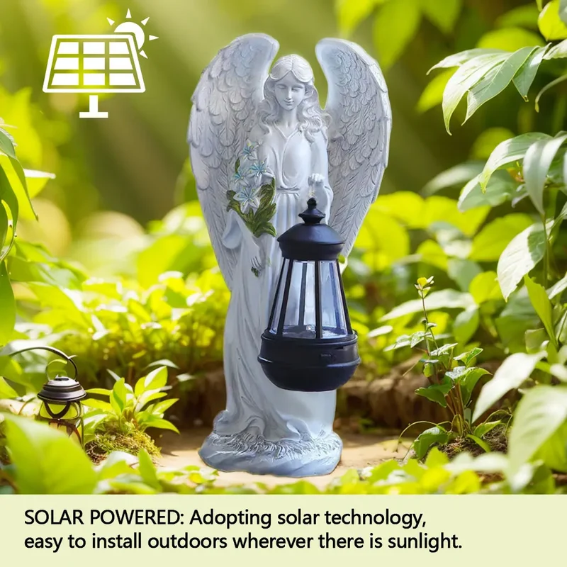 Engel Tuinbeeldje Zonne-energie LED Lantaarn 31cm Hars Automatisch Buiten Tuin Terras Patio Sfeerlamp Waterdicht Wit | Sansoti
