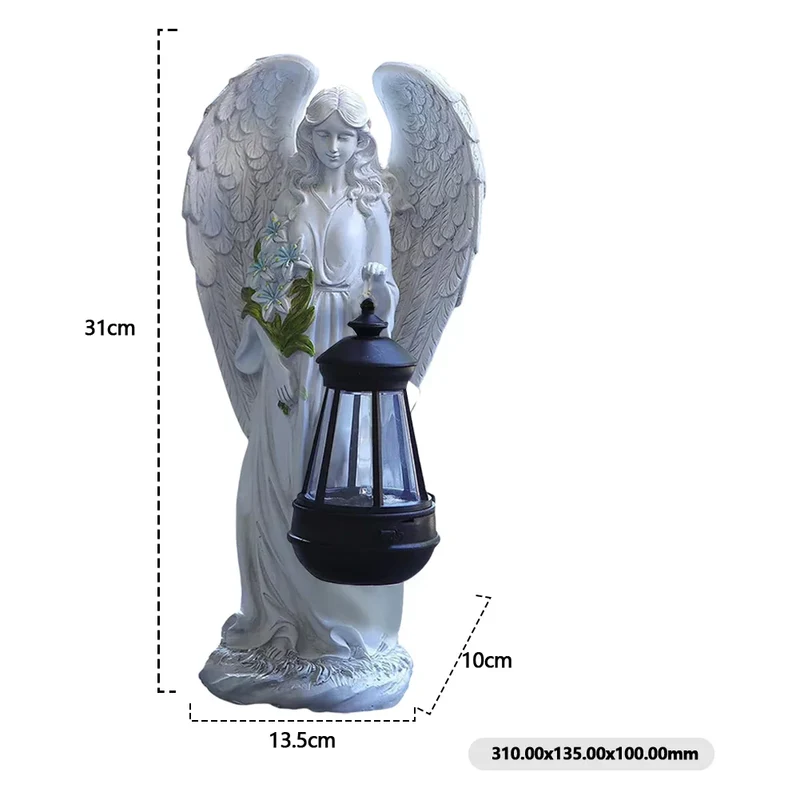 Engel Tuinbeeldje Zonne-energie LED Lantaarn 31cm Hars Automatisch Buiten Tuin Terras Patio Sfeerlamp Waterdicht Wit | Sansoti
