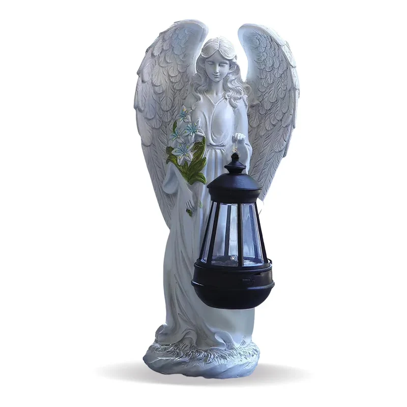 Engel Tuinbeeldje Zonne-energie LED Lantaarn 31cm Hars Automatisch Buiten Tuin Terras Patio Sfeerlamp Waterdicht Wit | Sansoti