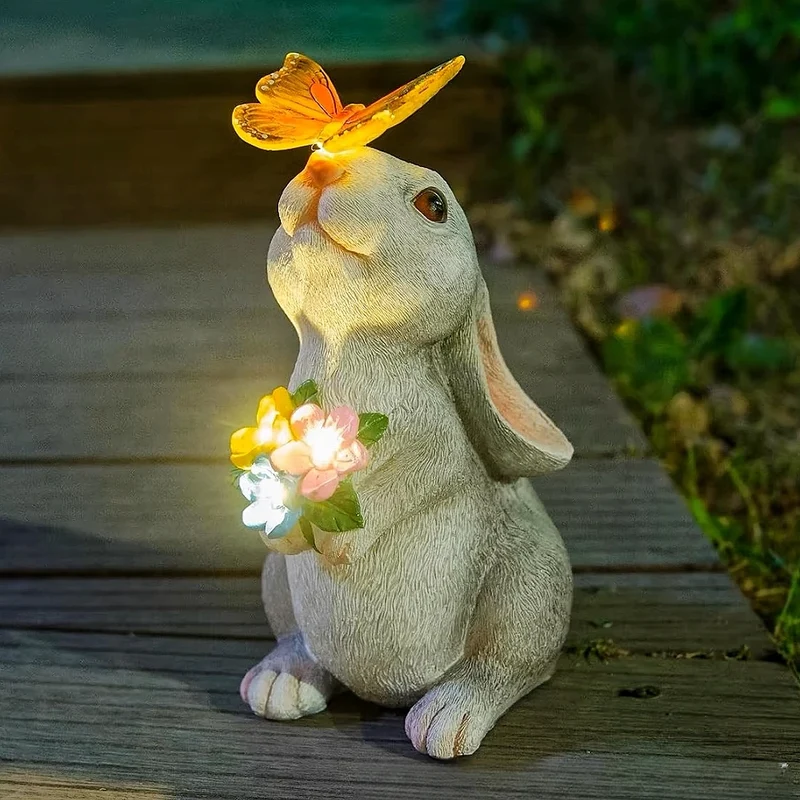 Zonne-energie Konijn Tuinbeeldje Hars 22,5cm LED Vlinder Solarlamp Tuin Terras Gazon Buitendecoratie Pasen Cadeau | Sansoti