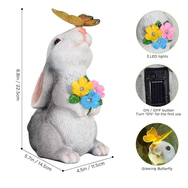 Zonne-energie Konijn Tuinbeeldje Hars 22,5cm LED Vlinder Solarlamp Tuin Terras Gazon Buitendecoratie Pasen Cadeau | Sansoti
