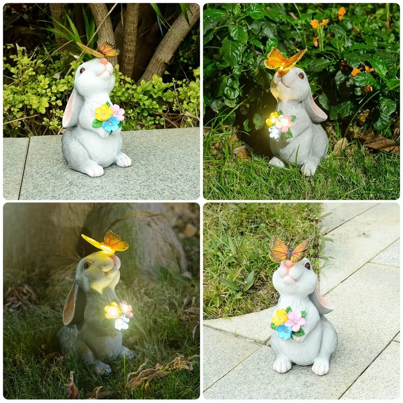 Zonne-energie Konijn Tuinbeeldje Hars 22,5cm LED Vlinder Solarlamp Tuin Terras Gazon Buitendecoratie Pasen Cadeau | Sansoti