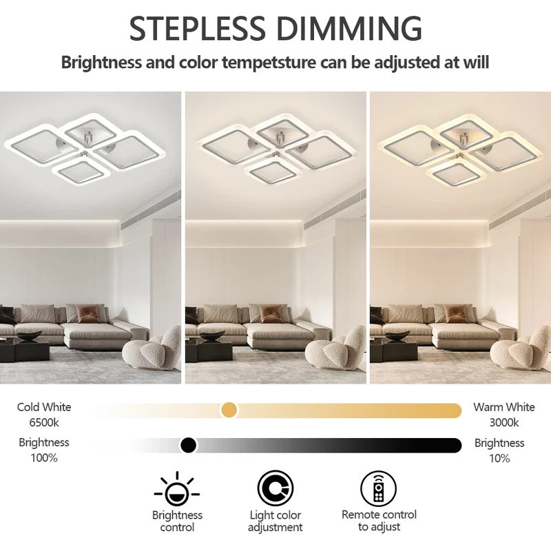 LED Plafondlamp Dimbaar Vierkant Acryl Wit Afstandsbediening Woonkamer Slaapkamer Modern 35W-160W Plafonnière Studeerkamer | Sansoti