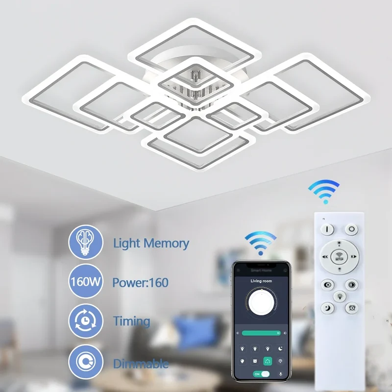 LED Plafondlamp Dimbaar Vierkant Acryl Wit Afstandsbediening Woonkamer Slaapkamer Modern 35W-160W Plafonnière Studeerkamer | Sansoti