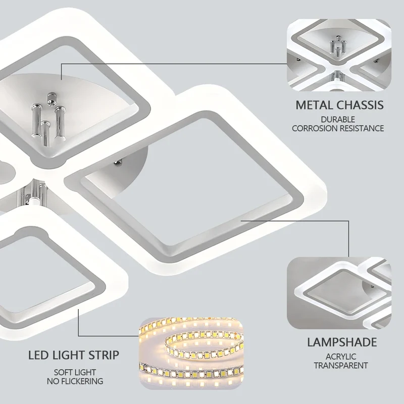 LED Plafondlamp Dimbaar Vierkant Acryl Wit Afstandsbediening Woonkamer Slaapkamer Modern 35W-160W Plafonnière Studeerkamer | Sansoti
