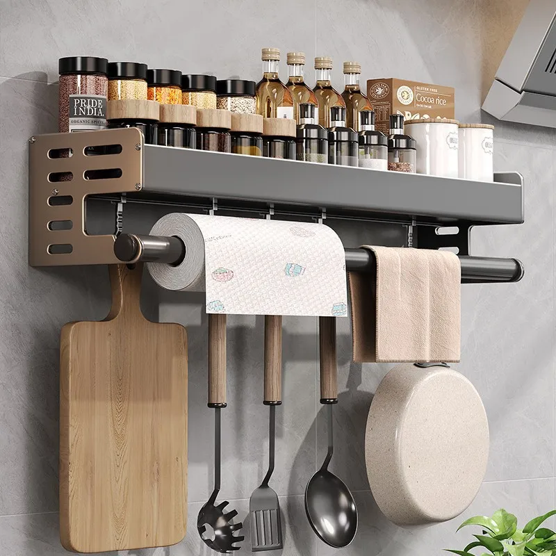 Keuken Wandrek Aluminium 30-50cm Gunmetal Kruidenrek Zonder Boren Ophangrek Keukenorganizer Messenhouder Wandmontage | Sansoti