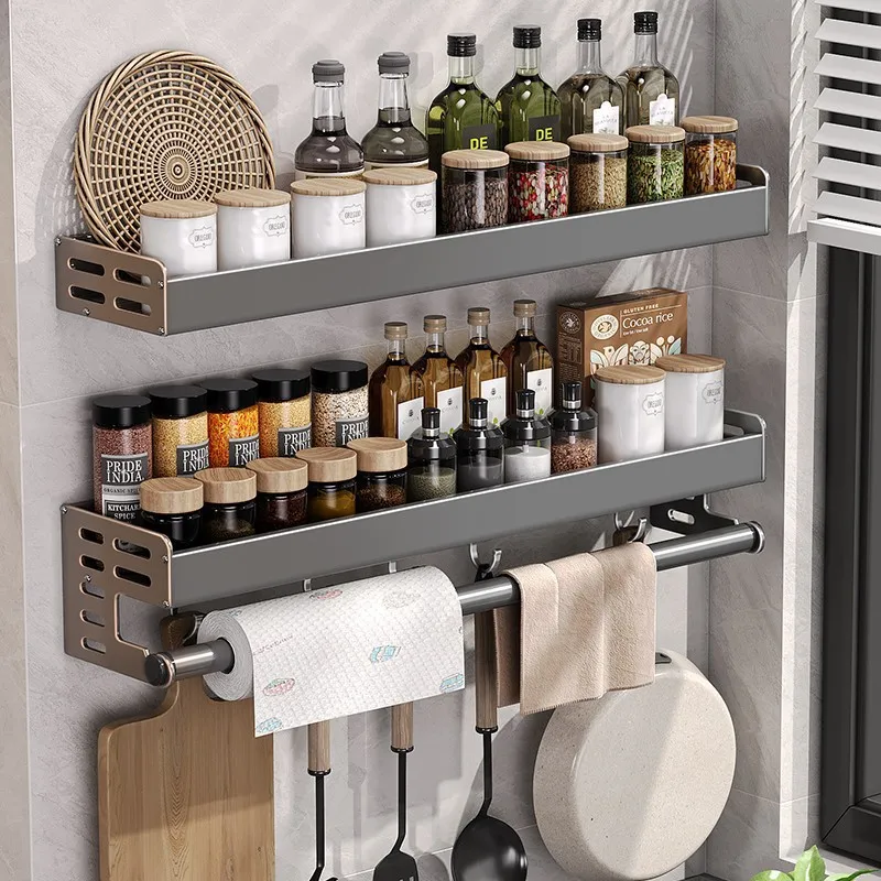 Keuken Wandrek Aluminium 30-50cm Gunmetal Kruidenrek Zonder Boren Ophangrek Keukenorganizer Messenhouder Wandmontage | Sansoti