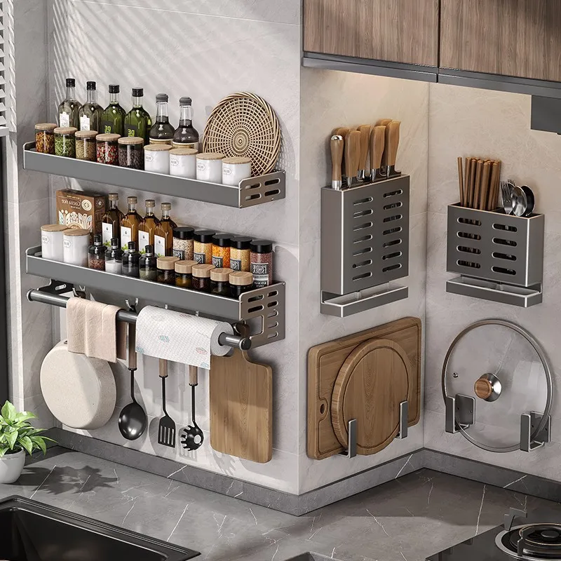 Keuken Wandrek Aluminium 30-50cm Gunmetal Kruidenrek Zonder Boren Ophangrek Keukenorganizer Messenhouder Wandmontage | Sansoti