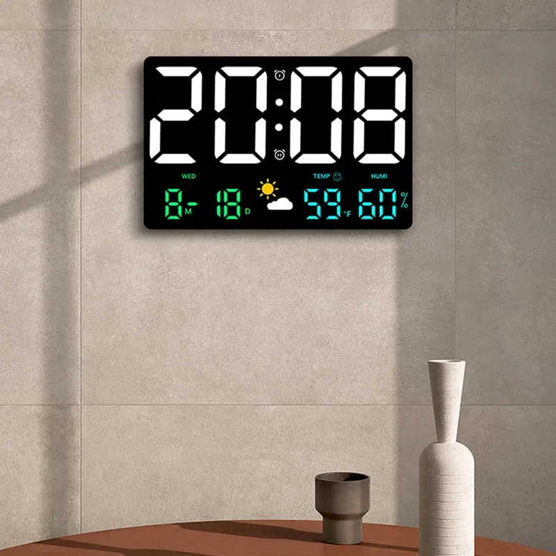 Digitale LED Wandklok Temperatuur Vochtigheid Weerstation Wekker Kleurenscherm Slaapkamer Woonkamer Kantoor Kalender | Sansoti