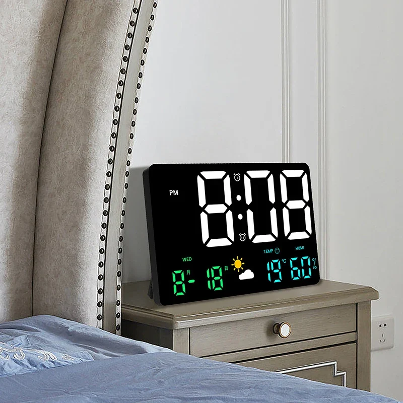 Digitale LED Wandklok Temperatuur Vochtigheid Weerstation Wekker Kleurenscherm Slaapkamer Woonkamer Kantoor Kalender | Sansoti