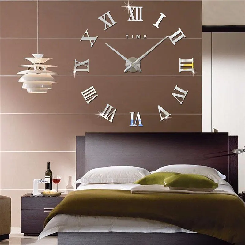 3D Wandklok Acryl Romeinse Cijfers 40cm Zilver Zwart Goud DIY Zelfklevend Klok Woonkamer Slaapkamer Groot Formaat Wanddecoratie | Sansoti
