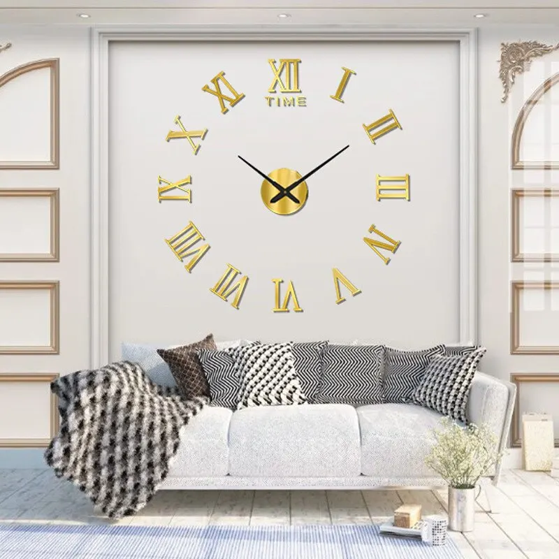 3D Wandklok Acryl Romeinse Cijfers 40cm Zilver Zwart Goud DIY Zelfklevend Klok Woonkamer Slaapkamer Groot Formaat Wanddecoratie | Sansoti