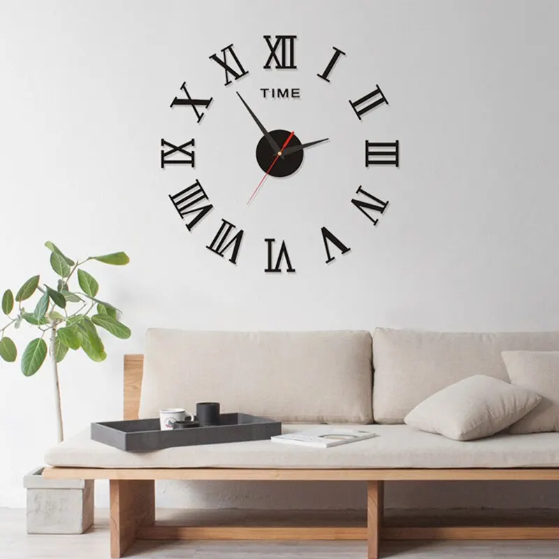 3D Wandklok Acryl Romeinse Cijfers 40cm Zilver Zwart Goud DIY Zelfklevend Klok Woonkamer Slaapkamer Groot Formaat Wanddecoratie | Sansoti