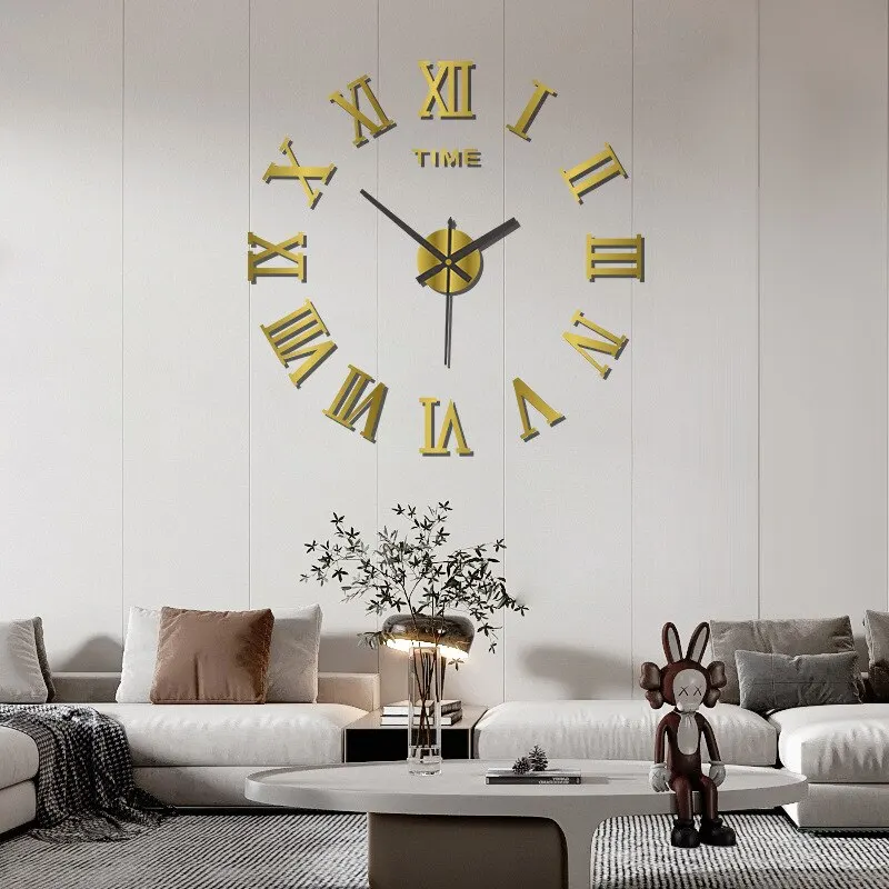 3D Wandklok Acryl Romeinse Cijfers 40cm Zilver Zwart Goud DIY Zelfklevend Klok Woonkamer Slaapkamer Groot Formaat Wanddecoratie | Sansoti