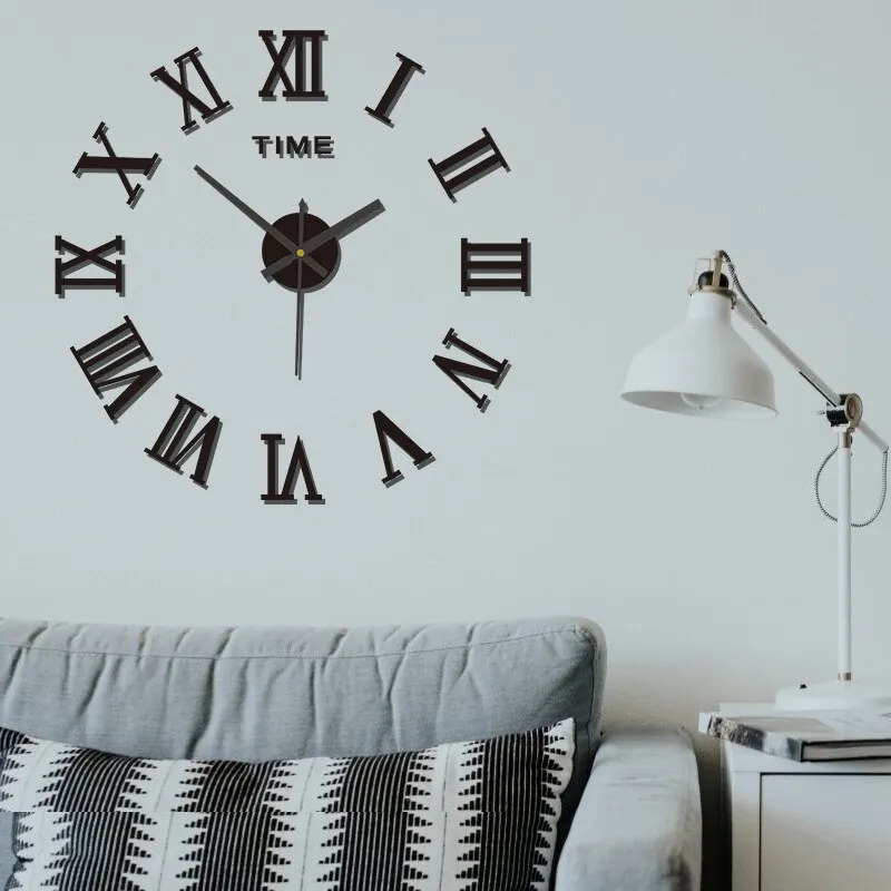 3D Wandklok Acryl Romeinse Cijfers 40cm Zilver Zwart Goud DIY Zelfklevend Klok Woonkamer Slaapkamer Groot Formaat Wanddecoratie | Sansoti