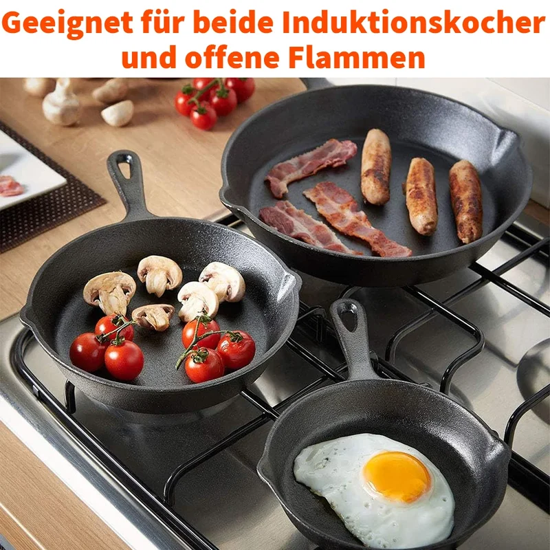 Gietijzeren Koekenpannenset 3-delig 16-20-26cm Inductie Gasfornuis Ongecoat Braadpan Omeletpan Roerbakpan Zwart | Sansoti