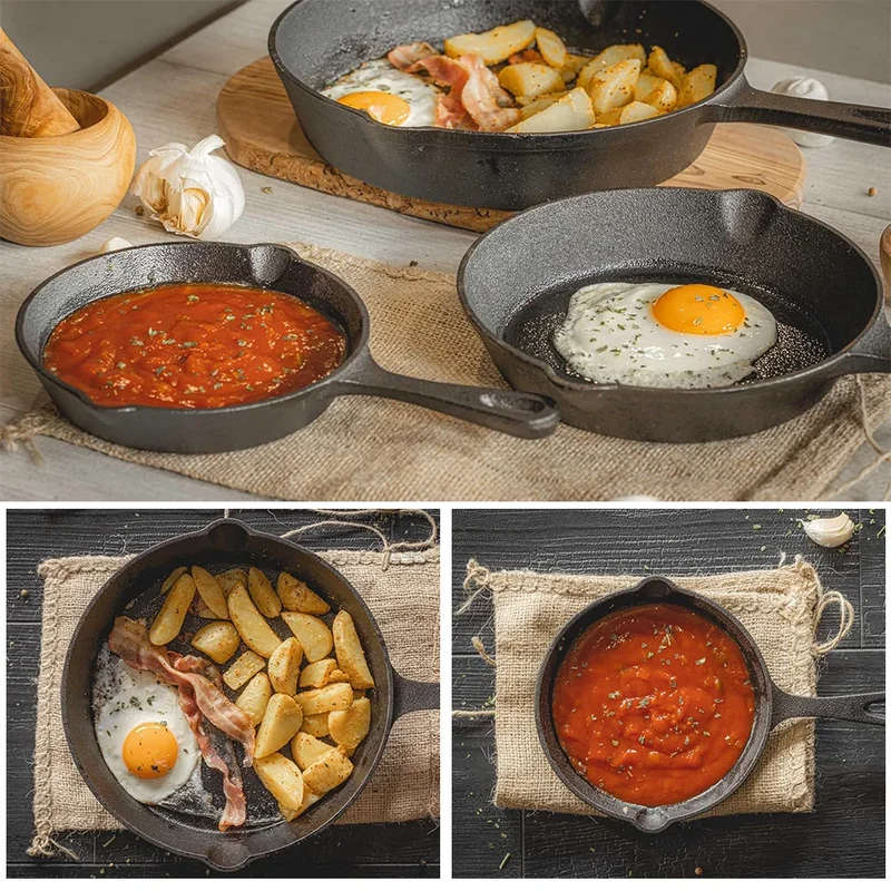 Gietijzeren Koekenpannenset 3-delig 16-20-26cm Inductie Gasfornuis Ongecoat Braadpan Omeletpan Roerbakpan Zwart | Sansoti