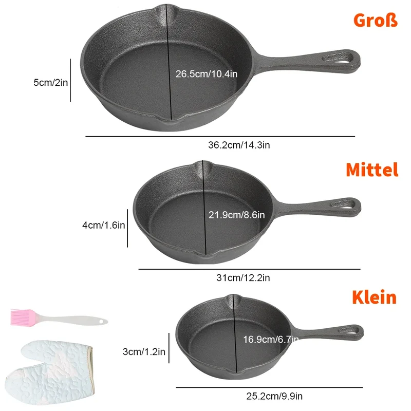 Gietijzeren Koekenpannenset 3-delig 16-20-26cm Inductie Gasfornuis Ongecoat Braadpan Omeletpan Roerbakpan Zwart | Sansoti